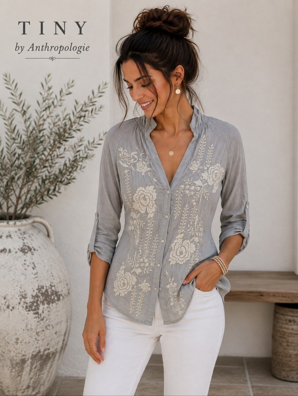 TINY by Anthropologie Gray Embroidered Silk Blend Blouse Size S Boho